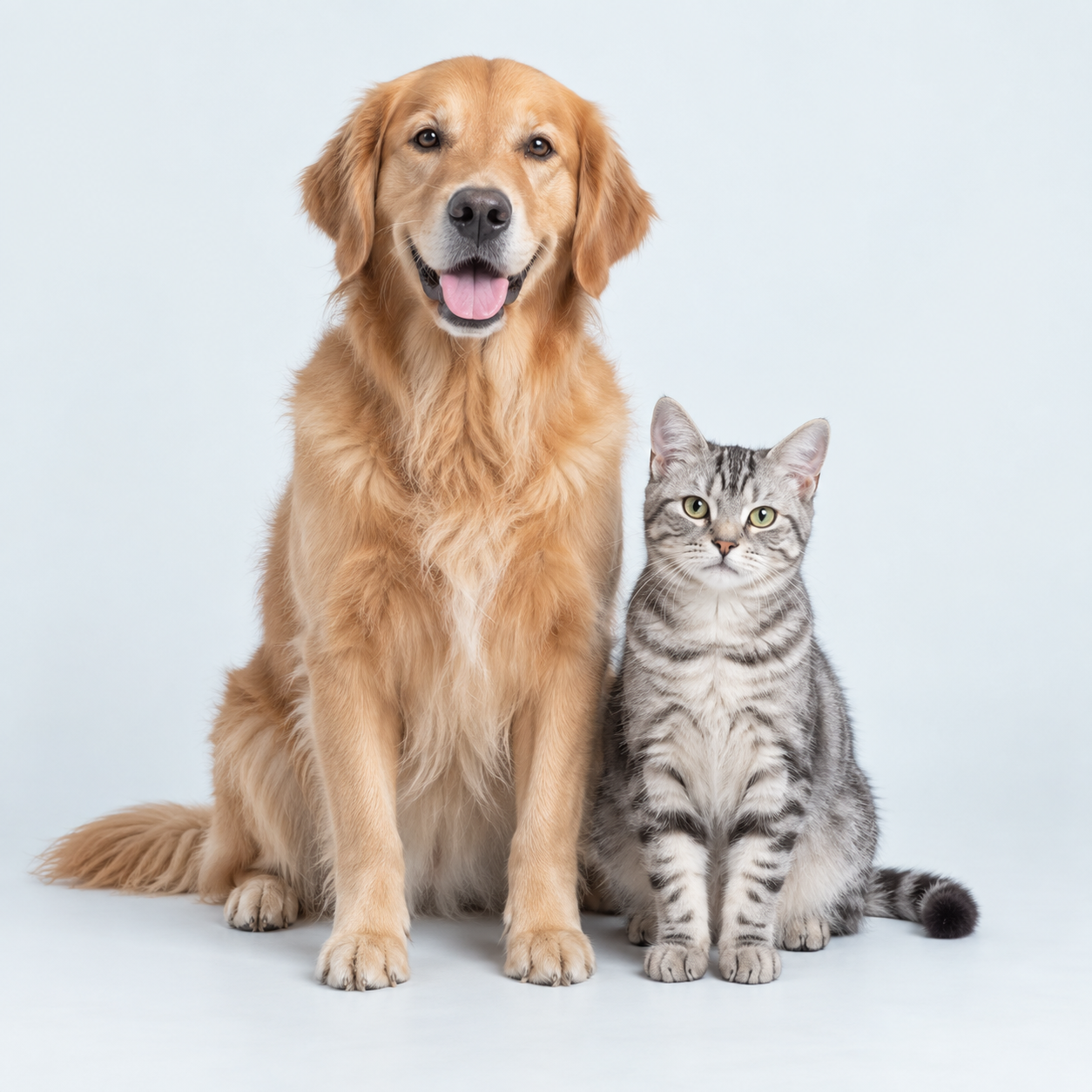 A golden retriever and a tabby cat sitting side by side